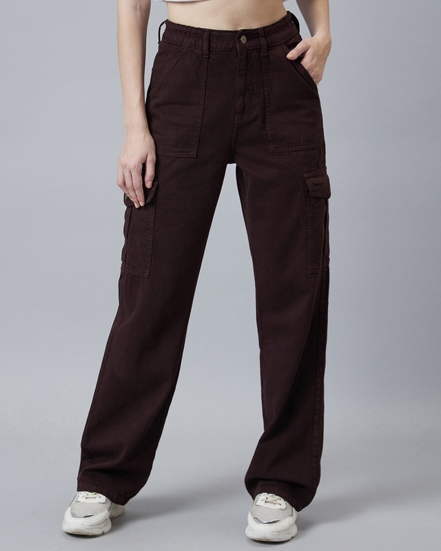 Shop Women's Brown Straight Fit Cargo Jeans-Front