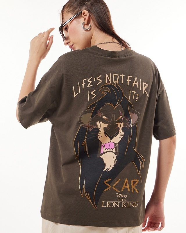 Shop Women's Brown Unfair Scar Graphic Printed Oversized T-shirt-Front