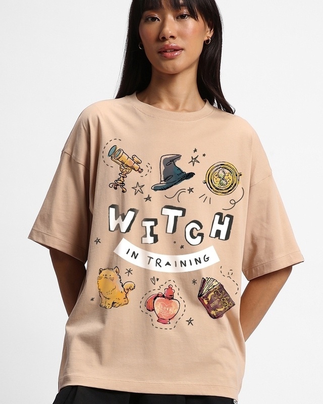 Shop Women's Brown Witch Training Graphic Printed Oversized T-shirt-Front