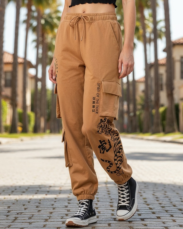 Shop Women's Camel Brown Graphic Printed Super Loose Fit Brushed Cargo Joggers-Front