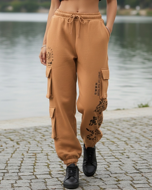 Shop Women's Camel Brown Graphic Printed Super Loose Fit Brushed Cargo Joggers-Front