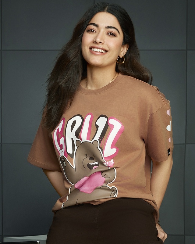Shop Women's Camel Brown Grizz Love Graphic Printed Oversized T-shirt-Front
