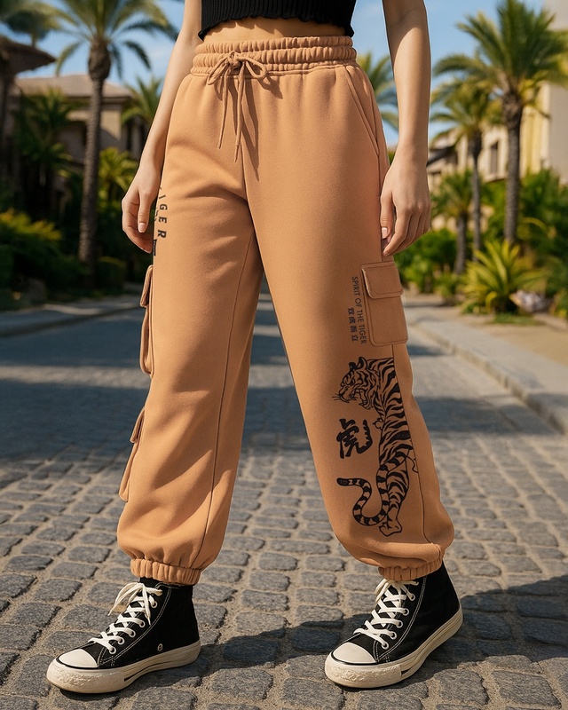 Shop Women's Camel Brown Graphic Printed Super Loose Fit Brushed Cargo Joggers-Front