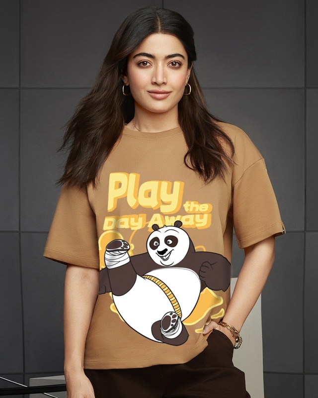 Women's Camel Brown Play The Day Graphic Printed Oversized T-shirt