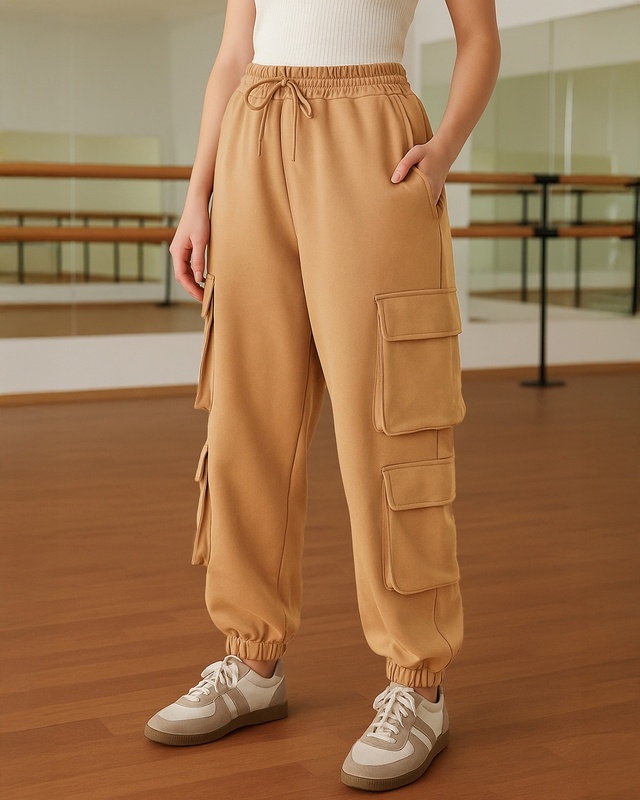 Shop Women's Camel Brown Super Loose Fit Brushed Cargo Joggers-Front