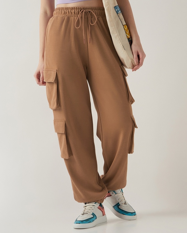 Shop Women's Camel Brown Super Loose Fit Cargo Joggers-Front