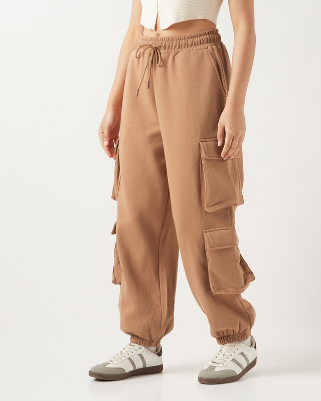 Shop Women's Camel Brown Super Loose Fit Cargo Joggers-Front