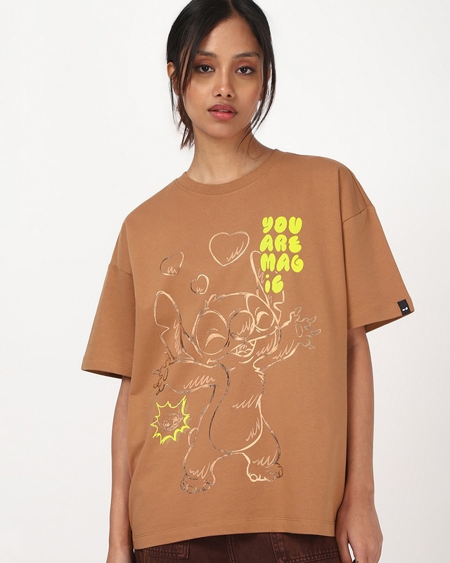 Women's Camel Brown You Are Magic Graphic Printed Oversized T-shirt