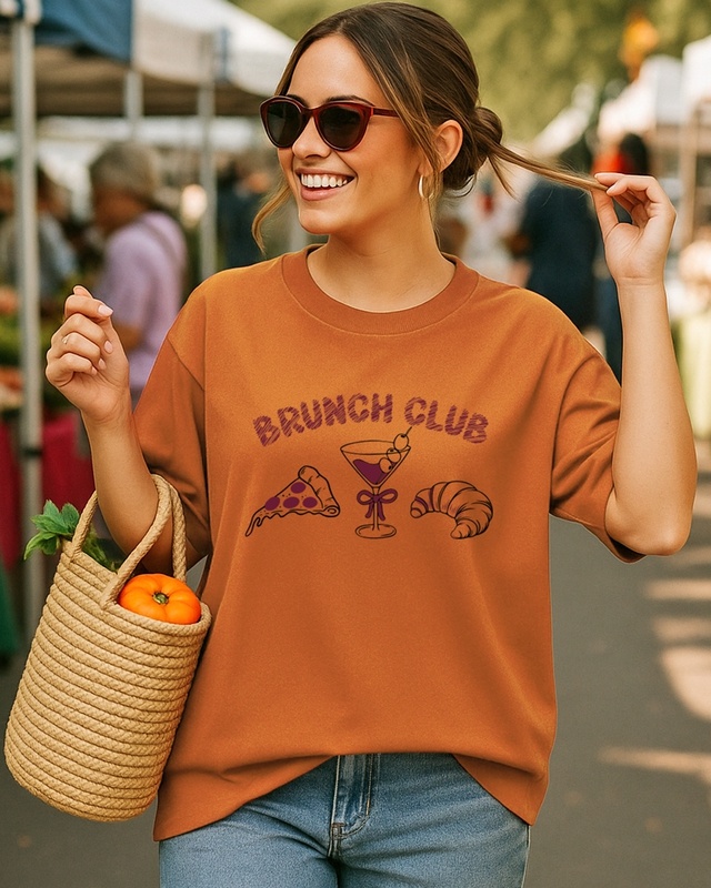 Shop Women's Caramel Orange Brunch Club Graphic Printed Oversized T-shirt-Front