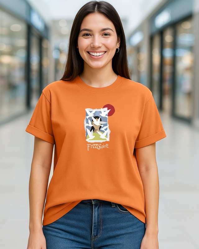 Shop Women's Caramel Orange Free Spirit Graphic Printed Boyfriend T-shirt-Front