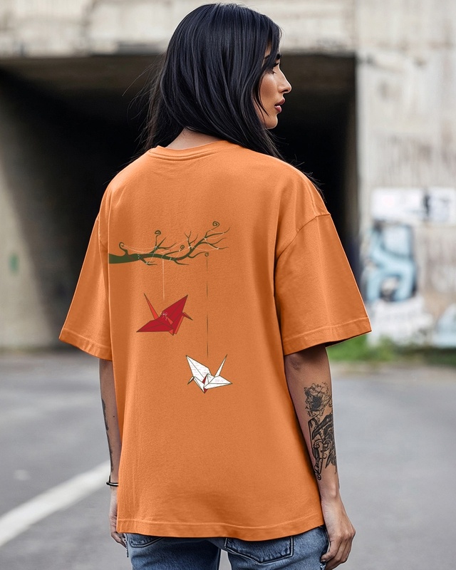 Shop Women's Caramel Orange Pankh Graphic Printed Oversized T-shirt-Front