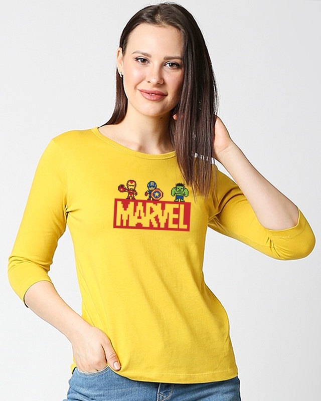 Shop Women's Ceylon Yellow Marvel 8 bit (AVL) 3/4 Sleeve Slim Fit T-shirt-Front