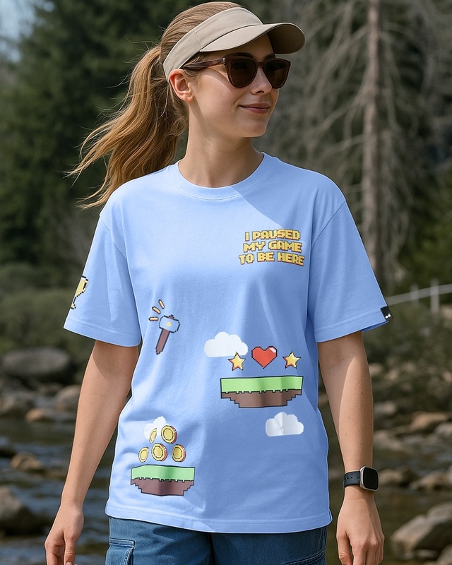 Women's Chambray Blue I Paused My Game Graphic Printed Oversized T-shirt-Front Bewakoof Shop Women's Chambray Blue I Paused My Game Graphic Printed Oversized T-shirt-Front