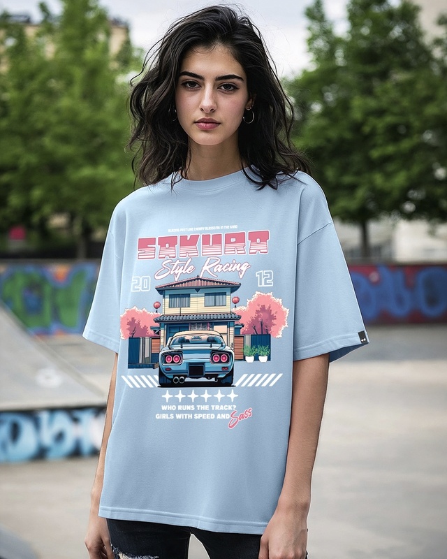 Shop Women's Chambray Blue Sakura Racing Graphic Printed Oversized T-shirt-Front
