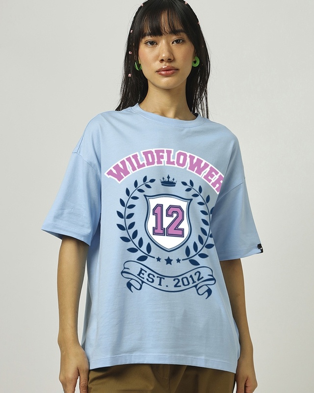 Shop Women's Chambray Blue Wild Flower Graphic Printed Oversized T-shirt-Front