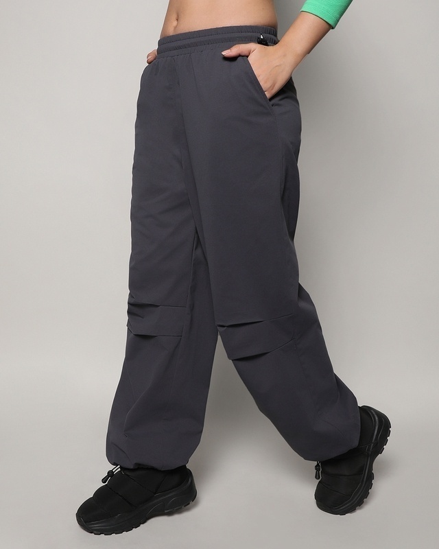 Shop Women's Charcoal Grey Loose Comfort Fit Parachute Pants-Front