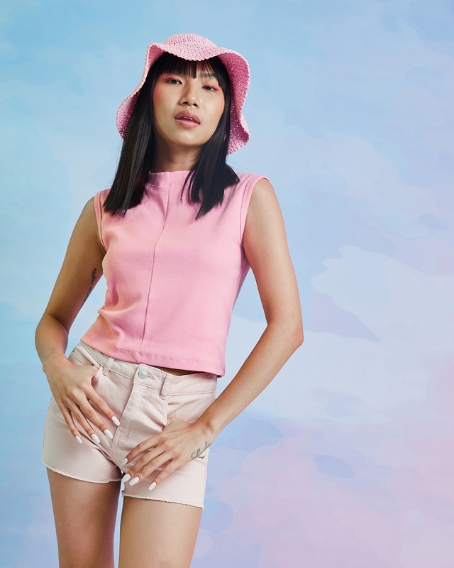 Shop Women's Cheeky Pink Sleeveless Slim Fit Rib Top-Front