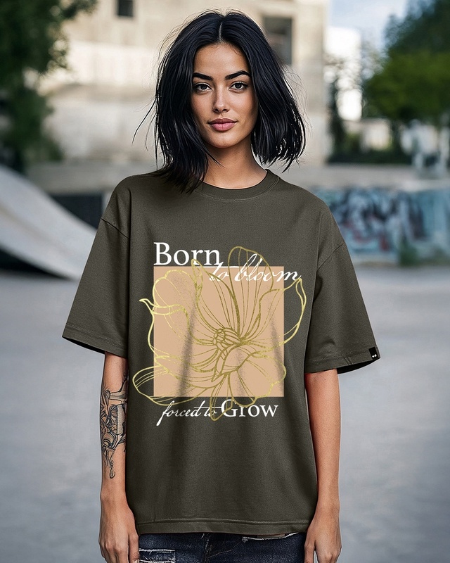 Shop Women's Chocolate Brown Born To Bloom Graphic Printed Oversized T-shirt-Front