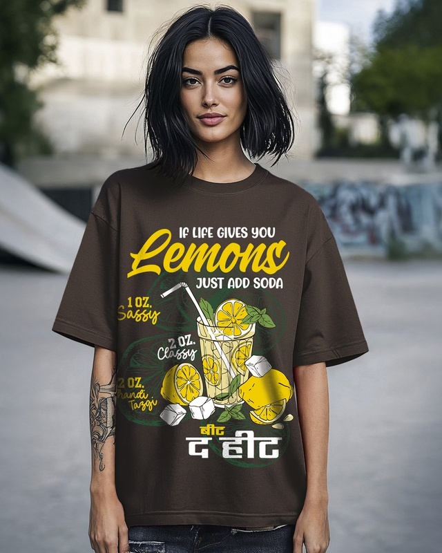 Shop Women's Chocolate Brown Lemonade Graphic Printed Oversized T-shirt-Front
