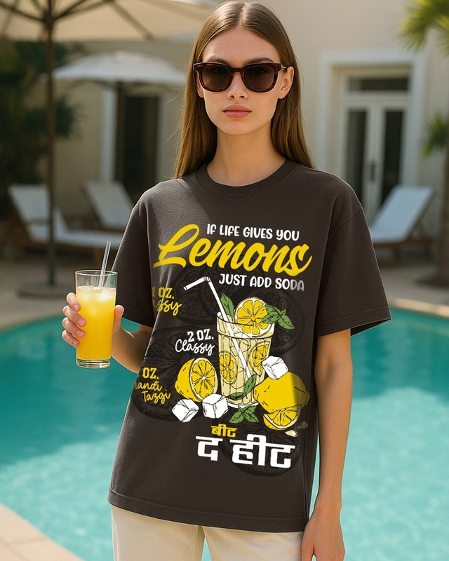 Shop Women's Chocolate Brown Lemonade Graphic Printed Oversized T-shirt-Front