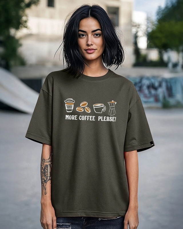 Shop Women's Chocolate Brown More Coffee Graphic Printed Oversized T-shirt-Front