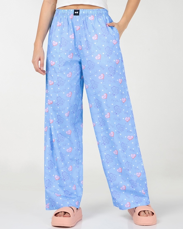 Shop Women's Clear Sky Blue Garfield All Over Printed Wide Leg Pyjamas-Front