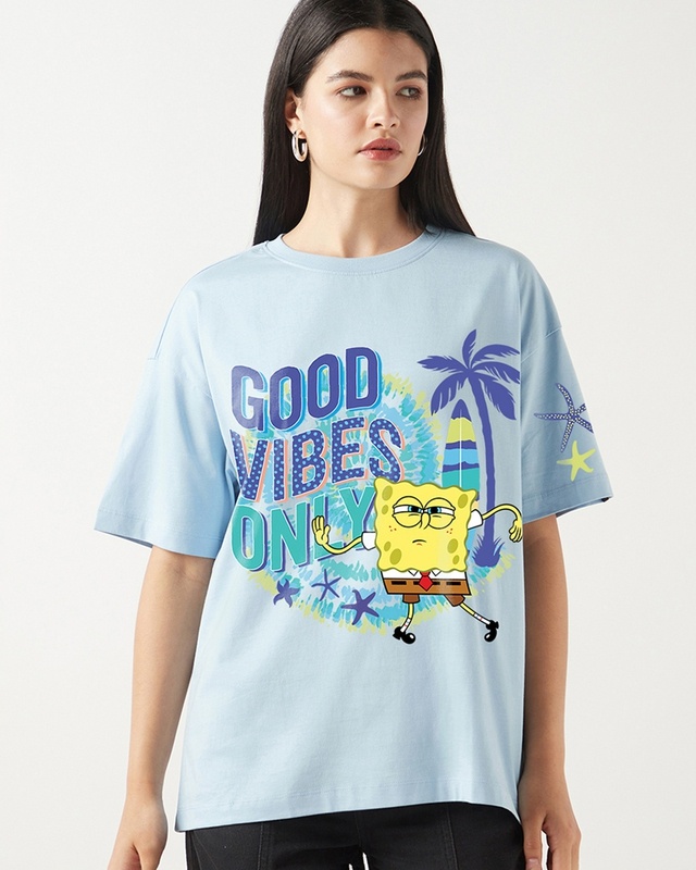 Shop Women's Sky Blue Sponge Bob Graphic Printed Oversized T-shirt-Front