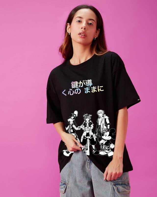 Shop Women's Black Kingdom Squad Oversized Graphic Printed T-shirt-Front