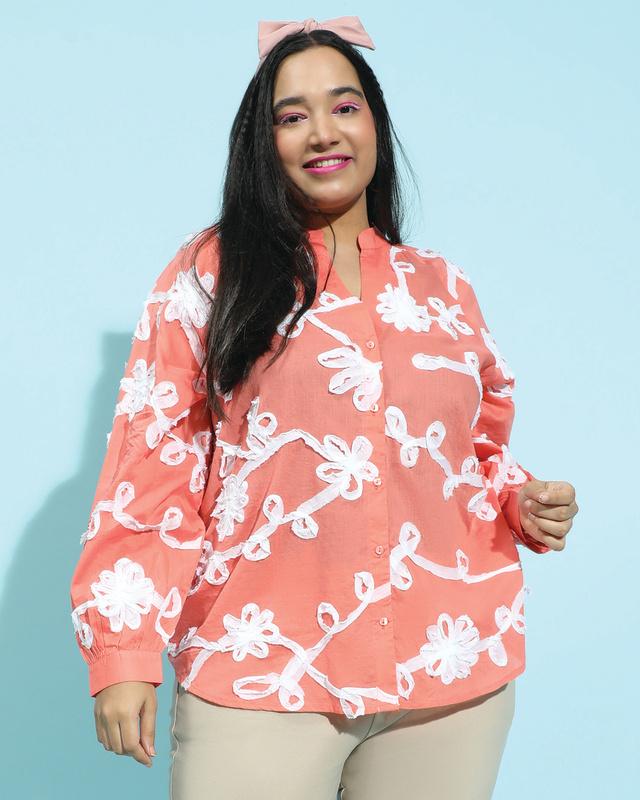 Shop Women's Coral Pink Embroidered Relaxed Fit Plus Size Shirt-Front