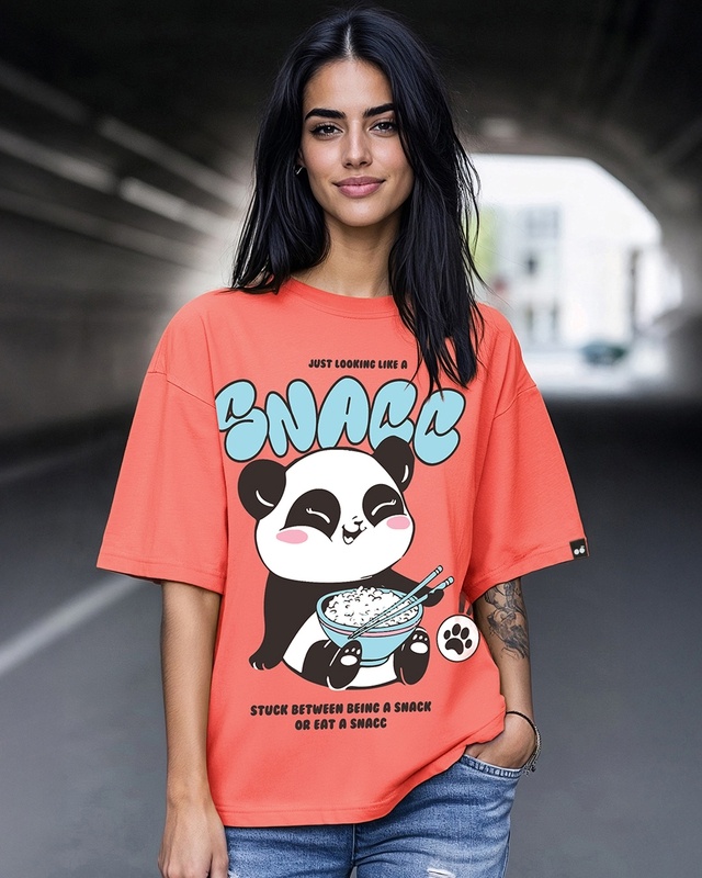 Shop Women's Coral Pink Snacking Graphic Printed Oversized T-shirt-Front