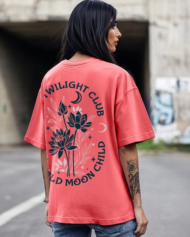 Shop Women's Coral Pink Twilight Club Graphic Printed Oversized T-shirt-Front