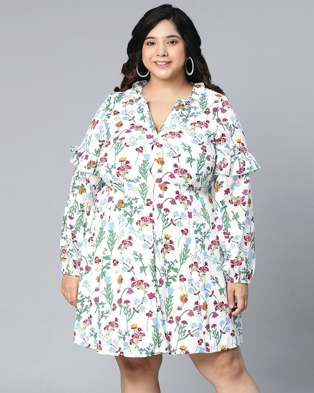 Shop Women's Core White All Over Floral Printed Plus Size Shirt Dress-Front