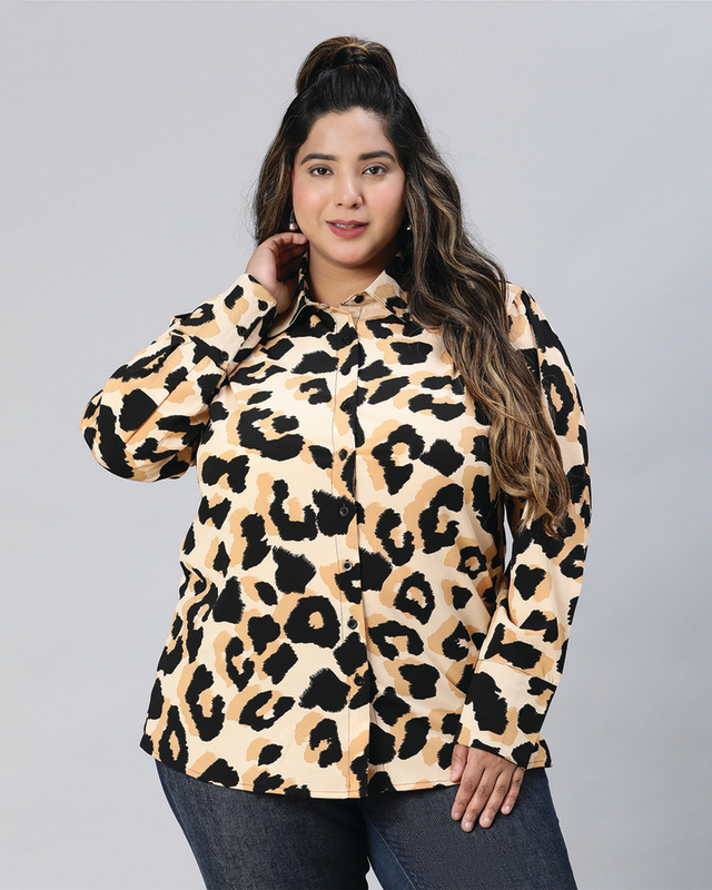 Shop Women's Cream & Black Animal Printed Plus Size Shirt-Front
