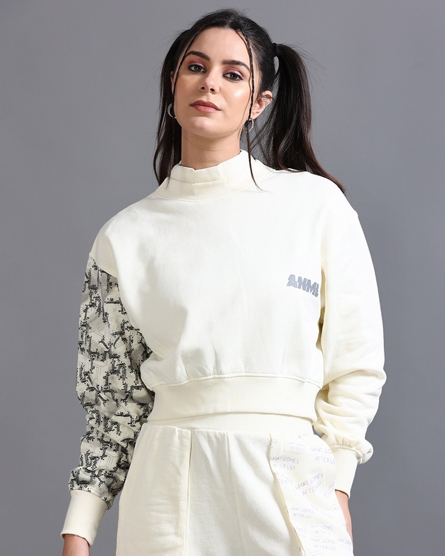 Women's Cream Graphic Printed Cropped Sweatshirt