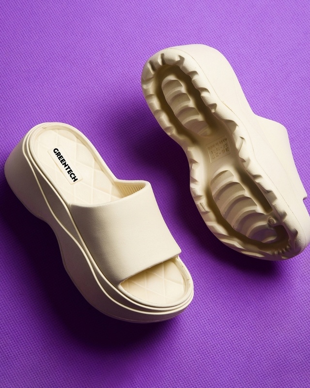 Shop Women's Cream Platform Sliders-Front