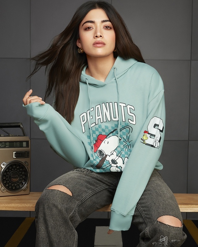 Shop Women's Cyan Peanuts Athletic Department Graphic Printed Oversized Hoodies-Front