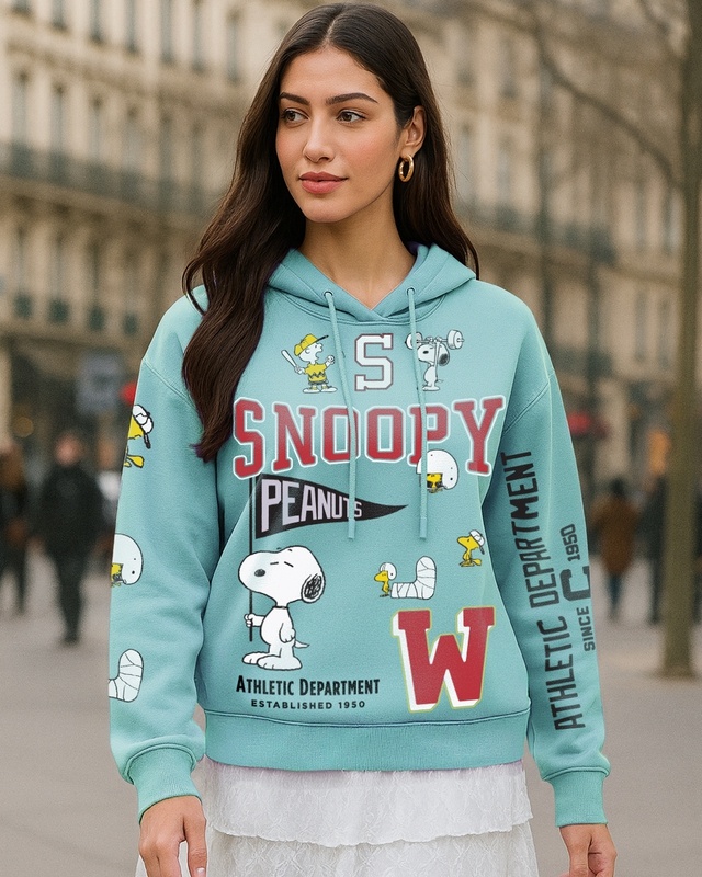 Shop Women's Cyan Snoopy Department Graphic Printed Oversized Hoodies-Front