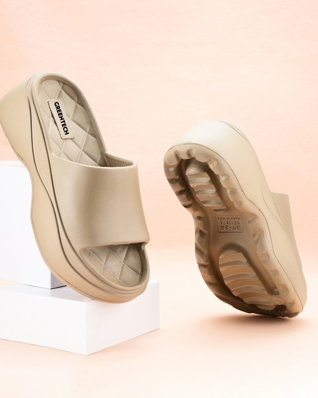 Shop Women's Dark Beige Platform Sliders-Front