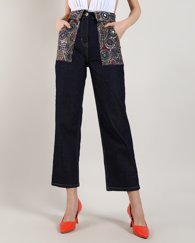 Shop Women's Dark Blue Applique Flared Jeans-Front