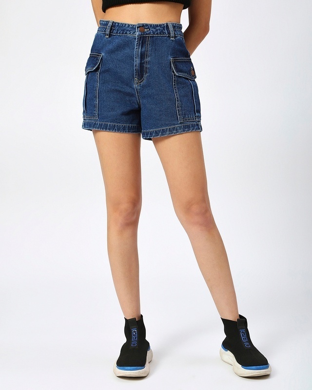 Shop Women's Dark Blue Denim Cargo Shorts-Front
