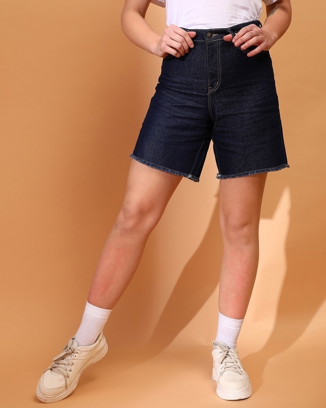 Shop Women's Dark Blue Denim Shorts-Front