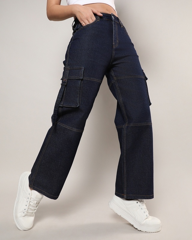 Shop Women's Dark Blue Straight Fit Cargo Jeans-Front