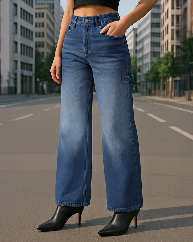 Shop Women's Dark Blue Washed Wide Leg Carpenter Jeans-Front