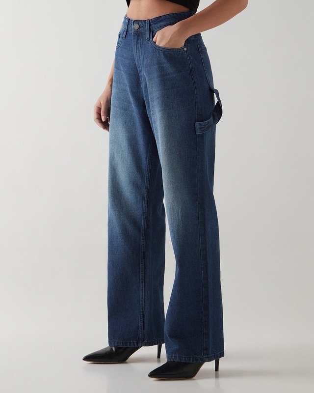 Shop Women's Dark Blue Washed Wide Leg Carpenter Jeans-Front