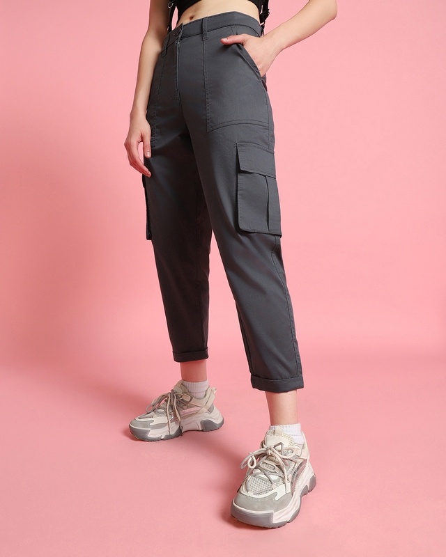 Shop Women's Grey Tapered Cargo Pants-Front