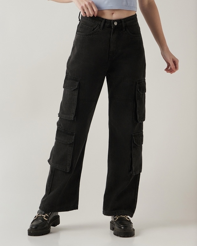 Shop Women's Dark Grey Wide Leg Cargo Jeans-Front