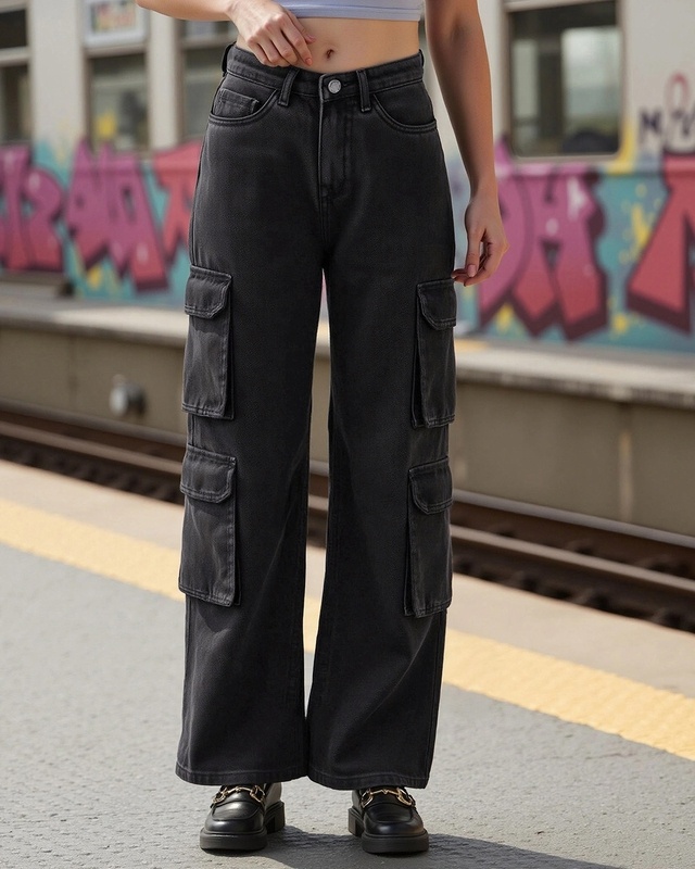 Shop Women's Dark Grey Wide Leg Cargo Jeans-Front