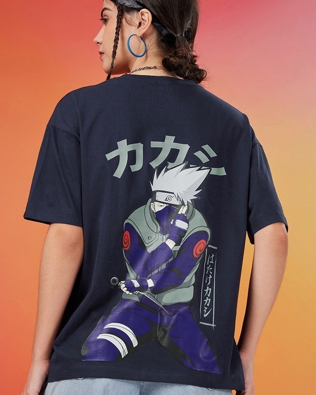 Shop Women's Dark Navy Blue Ninja Kakashi Graphic Printed Oversized T-shirt-Front