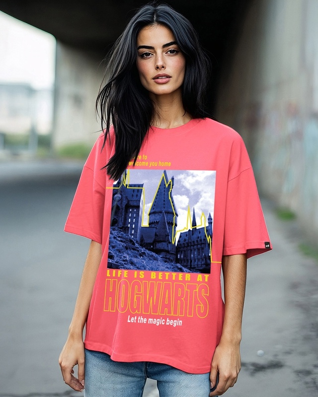 Shop Women's Deep Sea Coral Pink Life At Hogwarts Graphic Printed Oversized T-shirt-Front