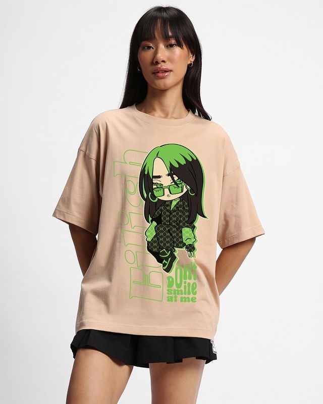Shop Women's Brown Don't Smile Billie Graphic Printed Oversized T-shirt-Front